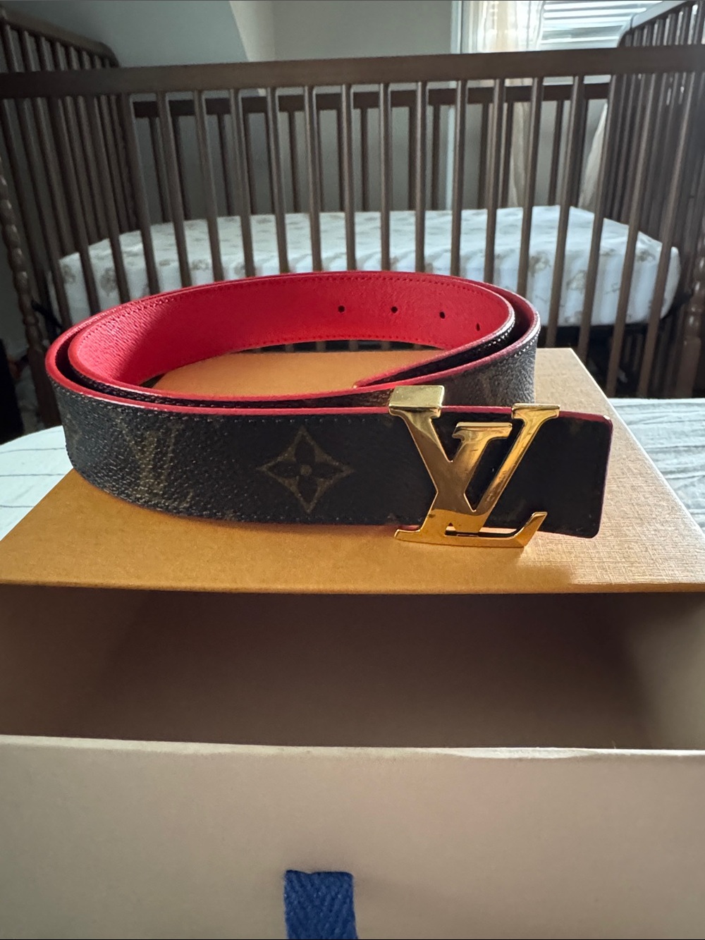 Louis Vuitton Brown Monogram Belt with Red Interior and Gold LV Buckle